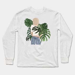 Girls with monstera plant leaves Long Sleeve T-Shirt